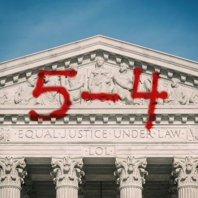 The logo for 5 to 4: a picture of the steeple of the Supreme Court building with "5 - 4" spray painted across it in red.