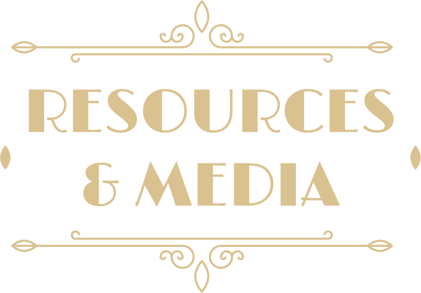 An art deco design with the words "Resources & Media" in the middle.