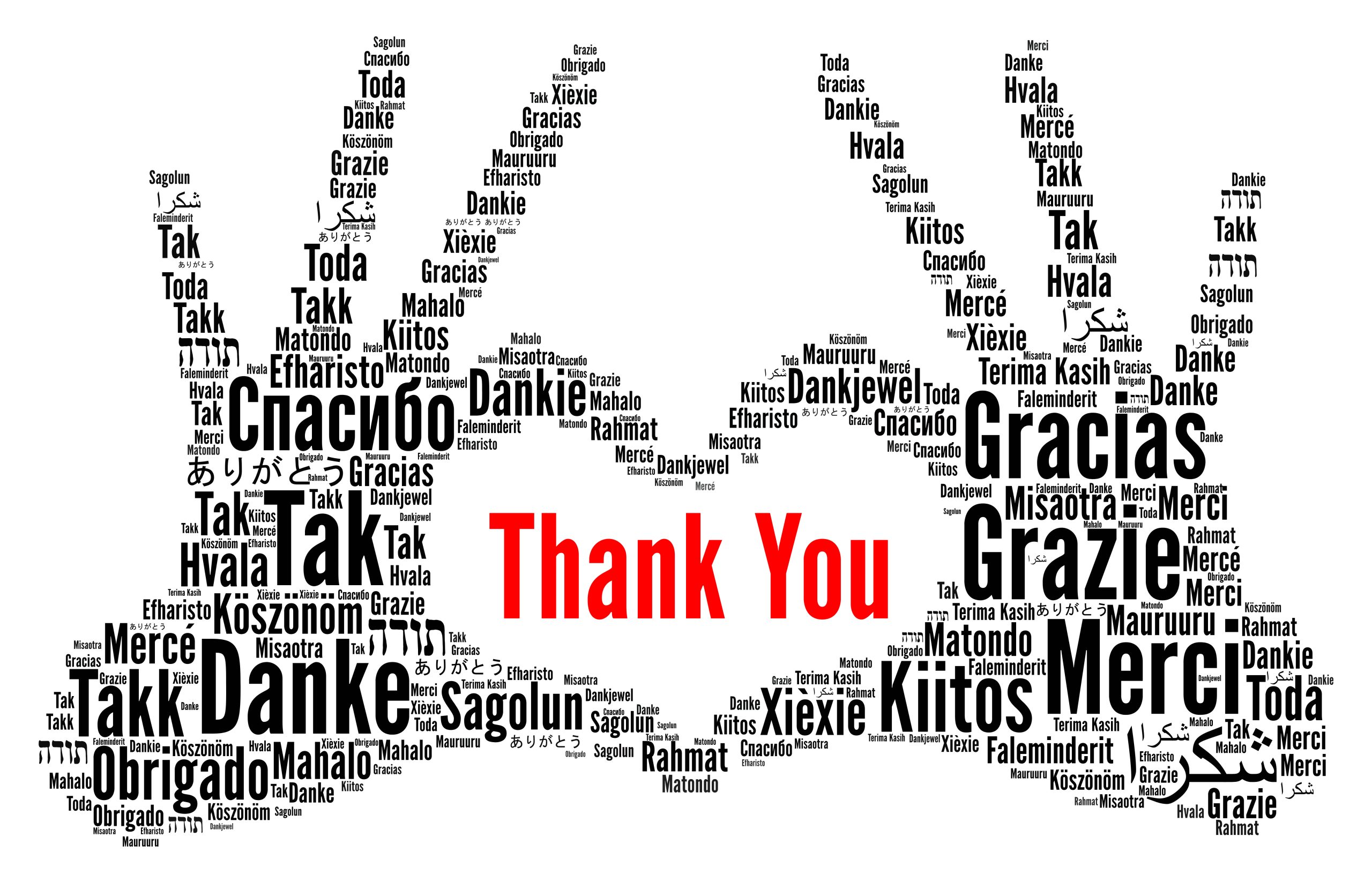 A graphic of a word cloud of "thank you" in dozens of languages. The word cloud is the shape of two hands making the shape of a heart with the words "Thank You" in the middle.