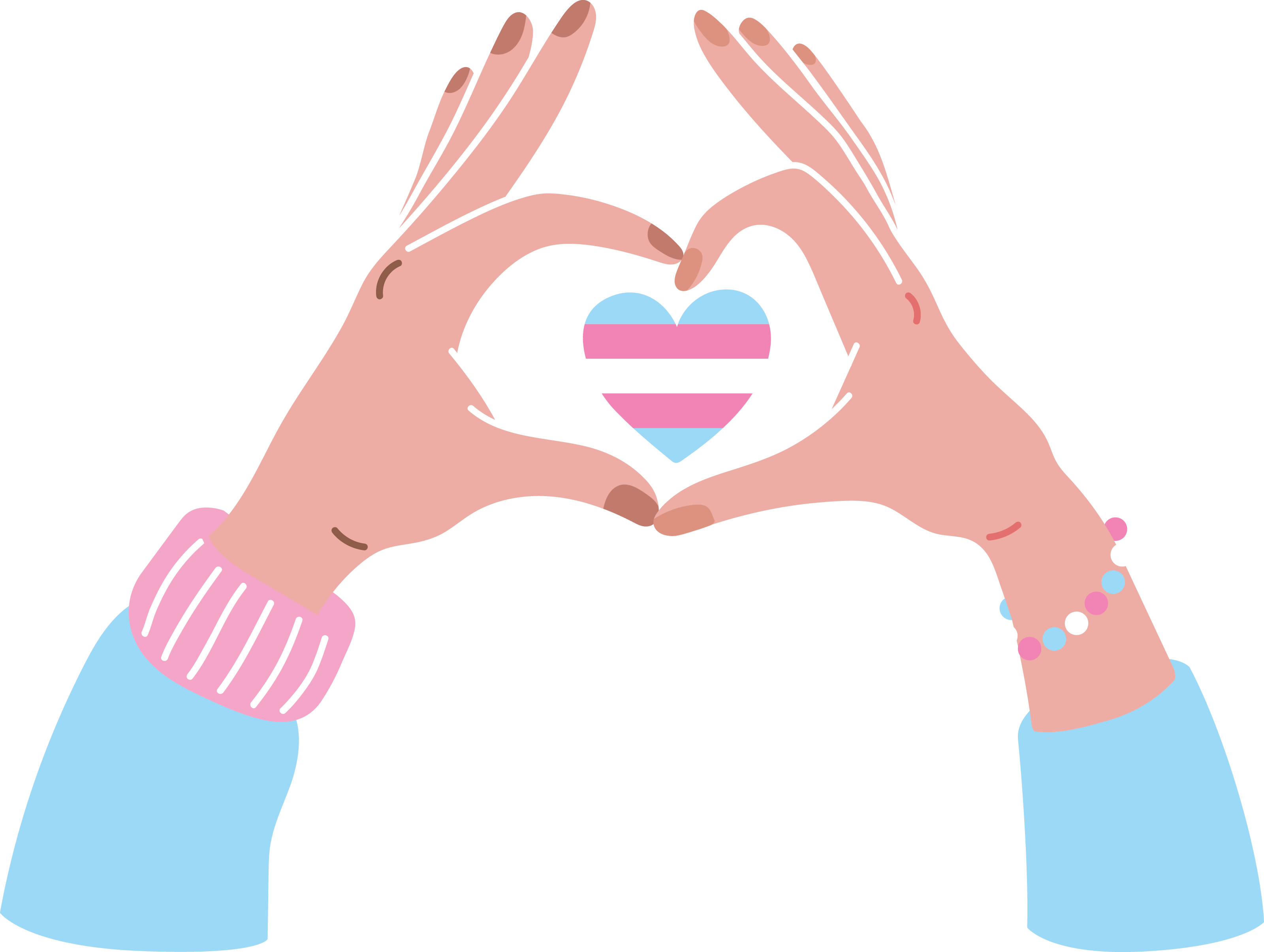 A drawing of two hands making a heart with thumbs and forfingers. Inside is a heart made up with the colors from the trans flag.